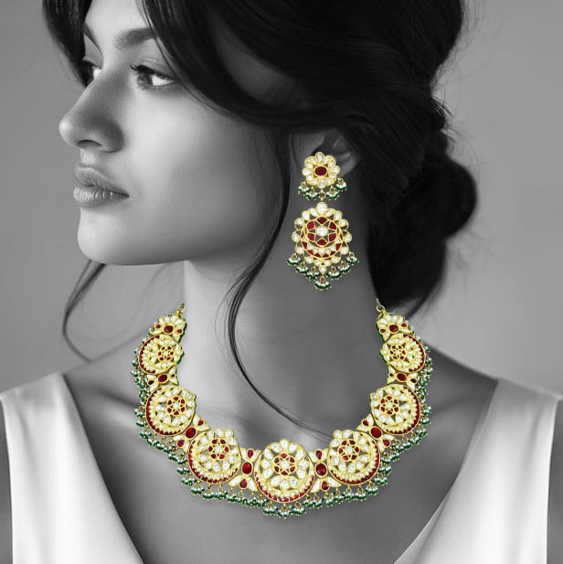 Crescent Polki Necklace Set with Red Talaf, Emeralds, and Pearls